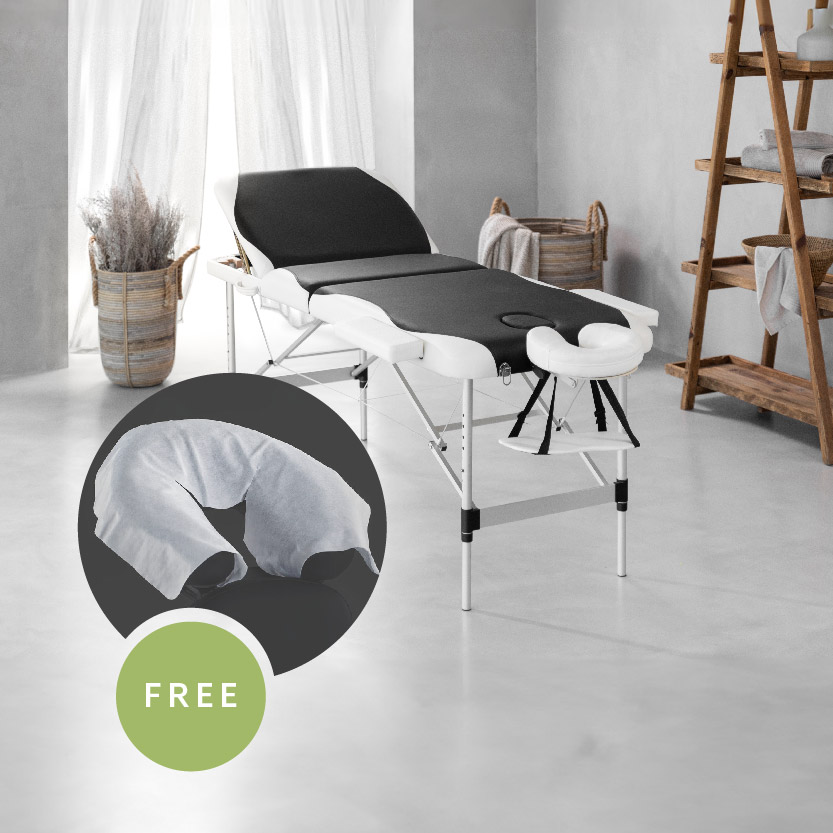 Massage Bed – 3-Section Deluxe Aluminium – Black & White (Free Headrest Covers)